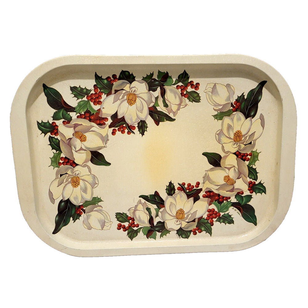 Vintage Magnolia Holly Serving Tray 19x14 Potpourri Designs by Shao Wei Liu 1995